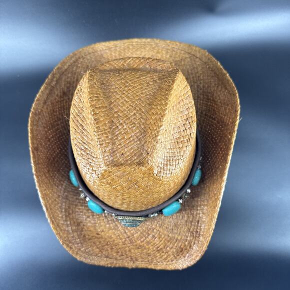 Shady Brady Straw Hat Medium Western USA Brown Band Turquoise/Stone Details - Picture 7 of 15